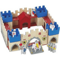 Een kasteel in rood en blauw.