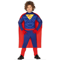 Een rood met blauw superman pak.
